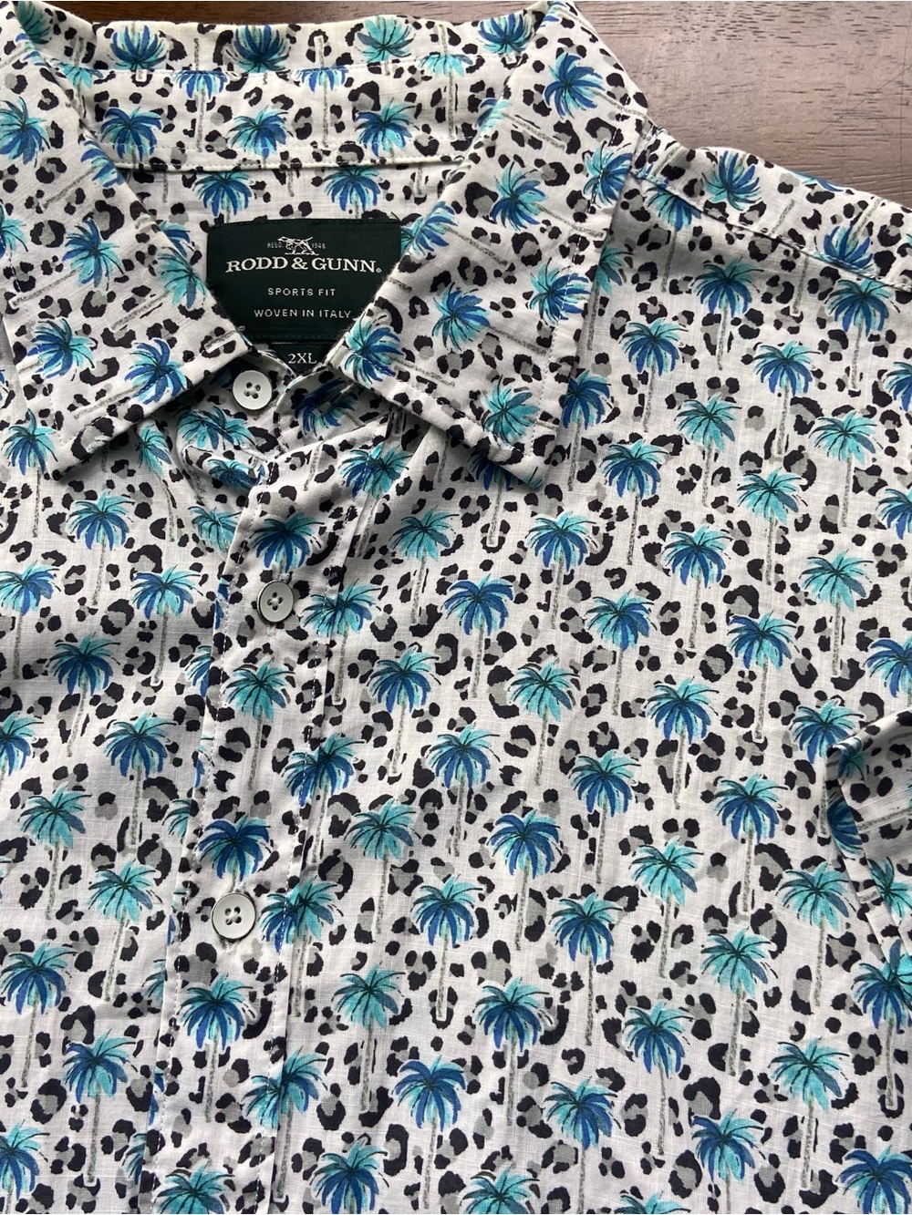 Rodd & Gunn Mens 2XL Sports Fit Palm Tree Print Cotton Shirt Blue White Italy